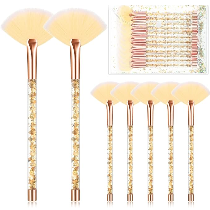 Nuenen 12 Pcs Soft Fan Facial Brushes Mask Acid Applicator Brush for Mud Cream Blush Makeup Peel Glycolic Multi Use Cosmetic Tools with Glitter Quicksand Handle and Pouch(Gold)