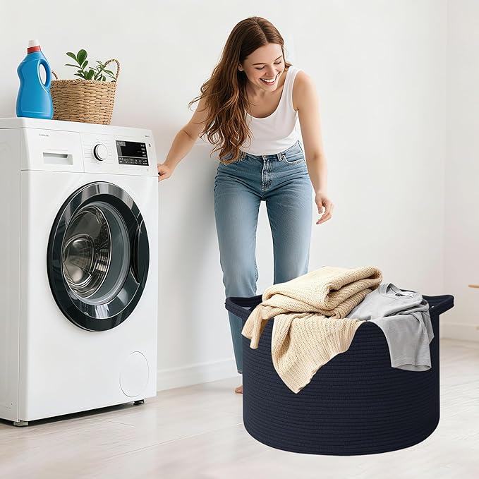115L Large Blanket Basket,23.6" L x 23.6" W x 15.7" H Rope Woven Baskets with Handles, Toys Storage Bins,Laundry Basket Perfect for Living Room, Nursery,Bedroom,Home Organization,Navy