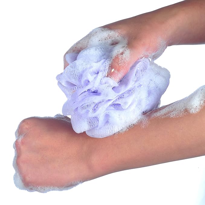 60g/pcs Multi-Color Mesh Bath Sponge Shower Pouf Loofahs Shower Puff Pack of 4 (White,Pink,Purple and Blue)