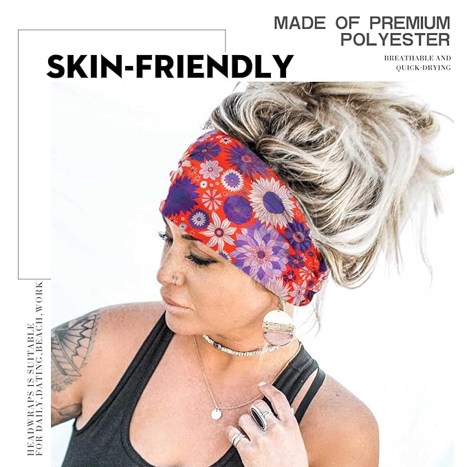 Olbye Wide Boho Headbands Floral Stretch Head Wraps Bohemian African Turban Hairbands Knotted Bandana Headband Yoga Running Head Scarfs Workout Hair Accessories for Women 4Pcs (Floral, 9.4 * 5.9'')