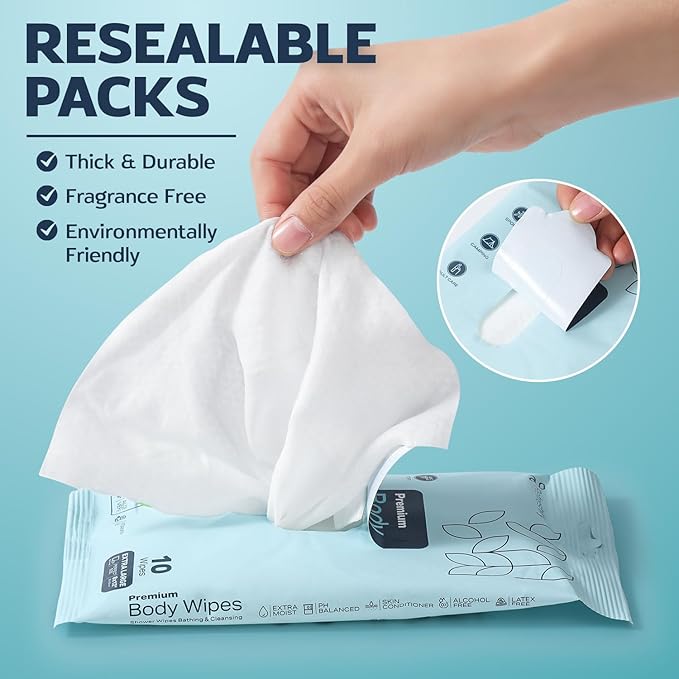240 XL Shower Wipes – Body Wipes for Adults Bathing No Rinse – 24 Packs of 10 – Extra Moist Bath with Aloe & Vitamin E for Camping, Travel, Gym & Bedridden Care