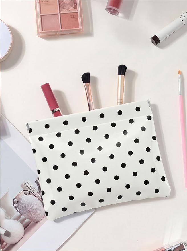 Dots Leather Makeup Pouch Set for Women Small Make Up Bag for Purse Waterproof Initial Makeup Cosmetic Bags Pouches for Purse Aesthetic Travel Toiletry Bag,White Black