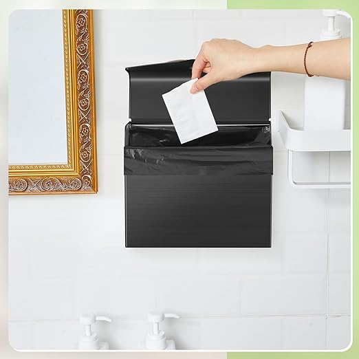 Tioncy 1 Pack Sanitary Napkin Disposal Receptacle with Feminine Hygiene Disposal Bag Stainless Steel Tampon Bin Trash Can Wall Mounted Waste Tampon Holder Feminine Hygiene Container (Black)