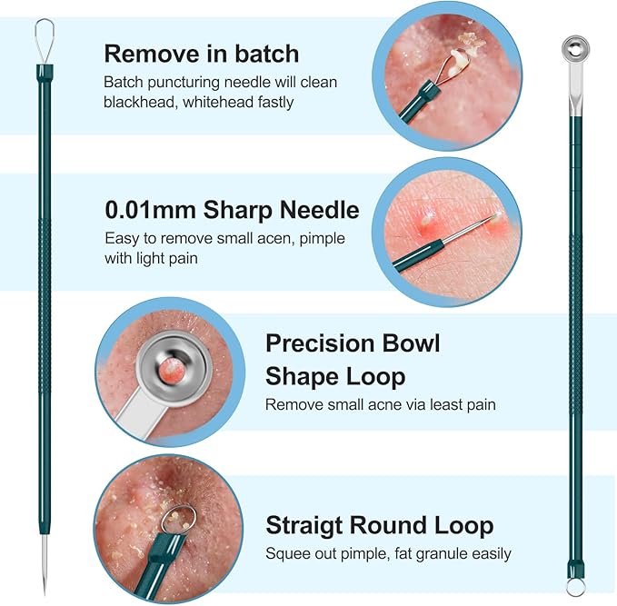 Blackhead Remover Tools Pimple Popper Tool Kit Comedones Extractor Acne Removal Kit for Whitehead, Blemish, Popping. 5pcs Pimple Extractor with Blackhead Tweezers for Nose Face