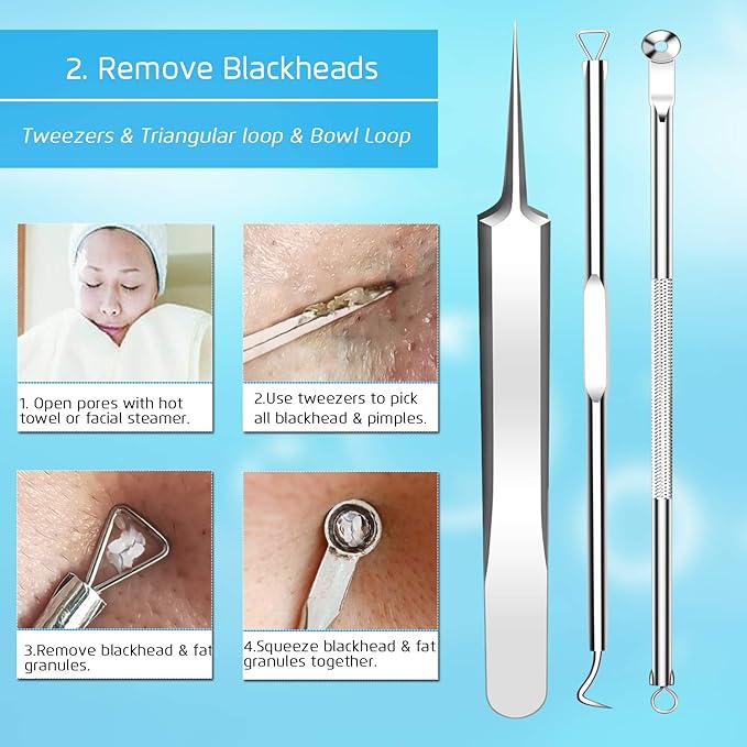 Best Blackhead Remover, Blackheads Blemish Removing, Acne Whitehead Removal Kit, Pimple Comedone Extractor Tool, Popper Pimples Treatment, with Tweezers, Risk Free for Face Forehead Nose