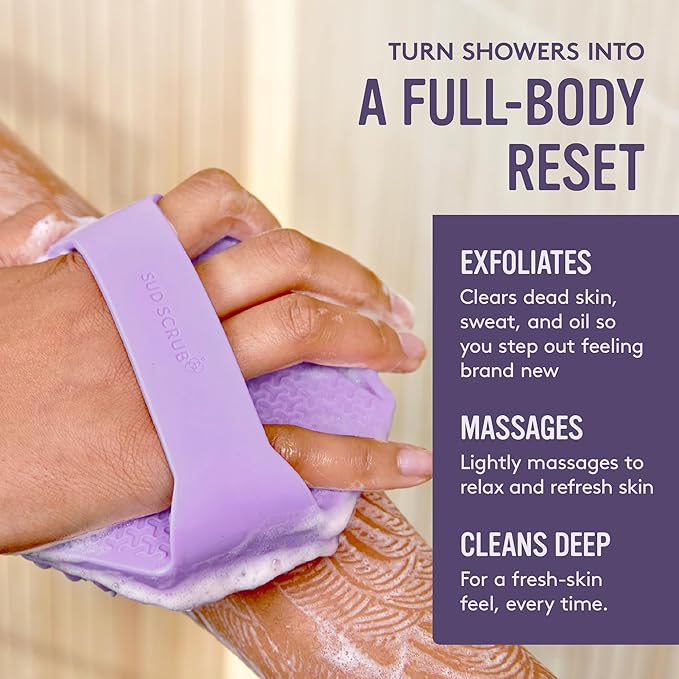 Sud Scrub® Antimicrobial Silicone Body Scrubber, Exfoliating Body Scrubber for Sensitive Skin, Eco Friendly Shower Scrubber for Body, Silicone Body Brush for Showering, Purple