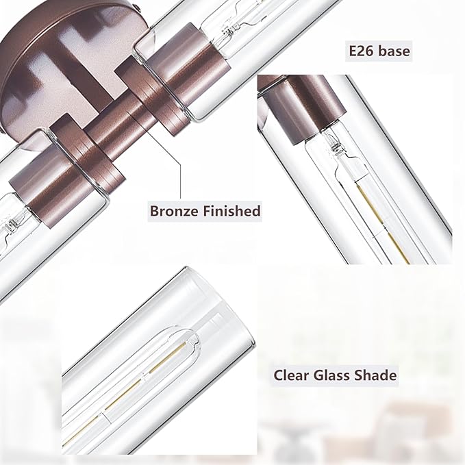2 Light Bronze Bathroom Light Fixtures Over Mirror, Modern Farmhouse Bathroom Sconce with Clear Glass Shade, Wall Sconce for Bathroom Hallway Cabinet Bedroom Kitchen Living Room Foyer