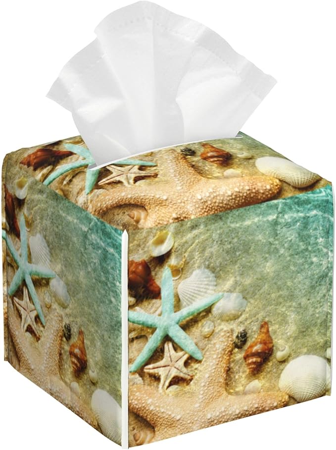Starfish Seashell on Summer Beach Tissue Box Cover Square, Starfish Seashell Tissue Box Holder Waterproof Leather Facial Paper Organizer Dispenser for Bathroom Home Car Nightstand Vanity Desk