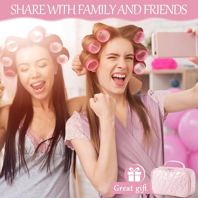 Obeoby 4 Sizes Hair Rollers with Gift Makeup Bag, Pink Easter Gifts Rollers Hair Curlers for Long, Short Hair and Bangs, Birthday Easter Basket Stuffers for Women Girls