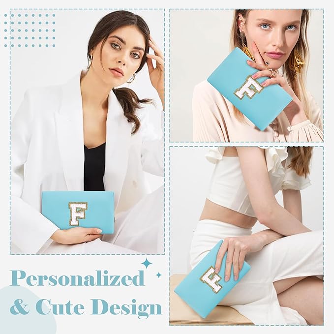 Small Personalized Initial A-Z Preppy Patch Makeup Bag,PU Chenille Letter Travel Cosmetic Pouch with Zipper,Blue Cute Toiletry Bag,Gift Ideal for Teen Girls Women Teacher Bridesmaid,Letter F