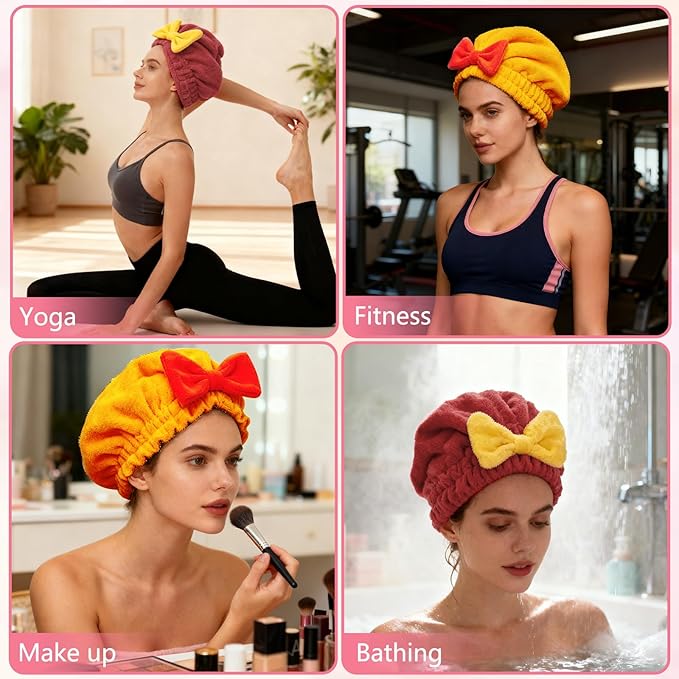 2 Pack Ultra Absorbent Hair Quick Drying Towel for Women, New Microfiber Hair Towel Wrap Dry Turban, Soft Bow Tie Plopping Head Towels Shower Cap for All Hair Style (Yellow and Rad)