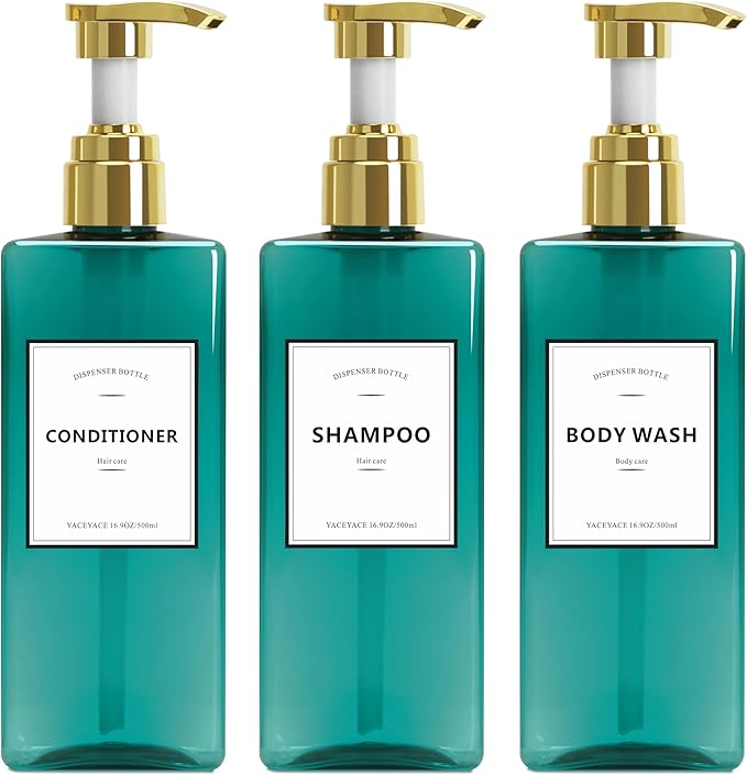 Shampoo Bottles with Gold Pump YACEYACE 16.9oz Set of 3 Empty Shower Bottles with Label, Shampoo and Conditioner Dispenser, Shampoo Dispenser for Bathroom, Lotion, Salon