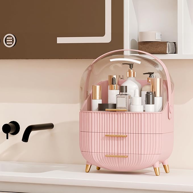 Makeup Organizer for Vanity Cosmetics Skincare Organizers with Lid and Drawers Display Cases for Countertop (Pink) | for Vanity, Organizers, with Lid, and Drawers, for Countertop
