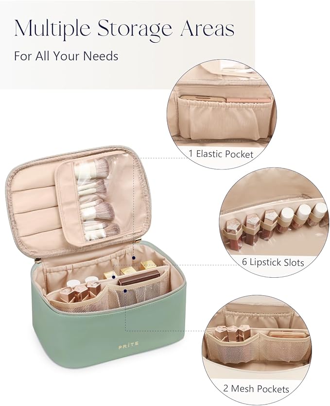 Prite Makeup Bag, Large Capacity Portable Travel Cosmetic Bag, Waterproof Makeup Organizer for Women with Handle and Divider (001 Green)