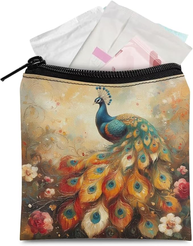 Peacock Print Period Organizer with Zipper Sanitary Napkin Storage Holder Pouch Portable Bag for Women Daily Use