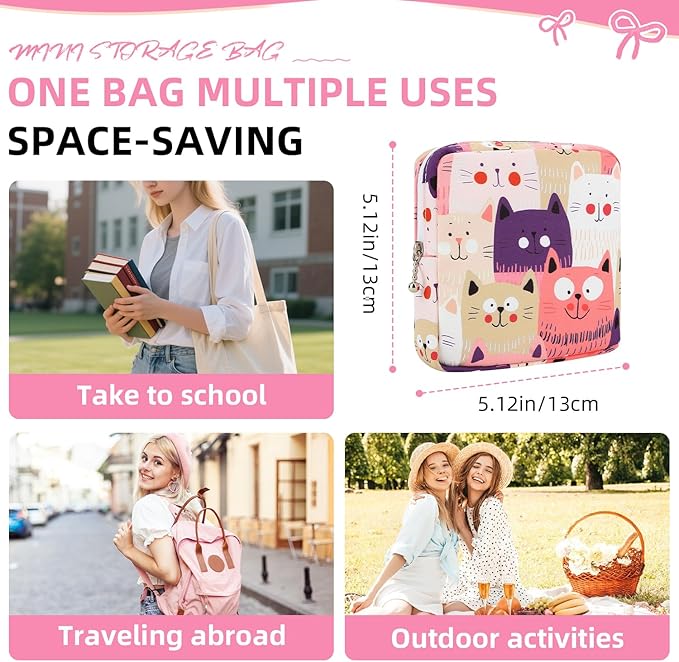 Sanitary Napkin Storage Bag,Period Bag,Portable Period Bag for Teen Pads Sanitary Napkins Small Tampons First Period Gifts for School Hygiene Bags Travel Containers (Cat)