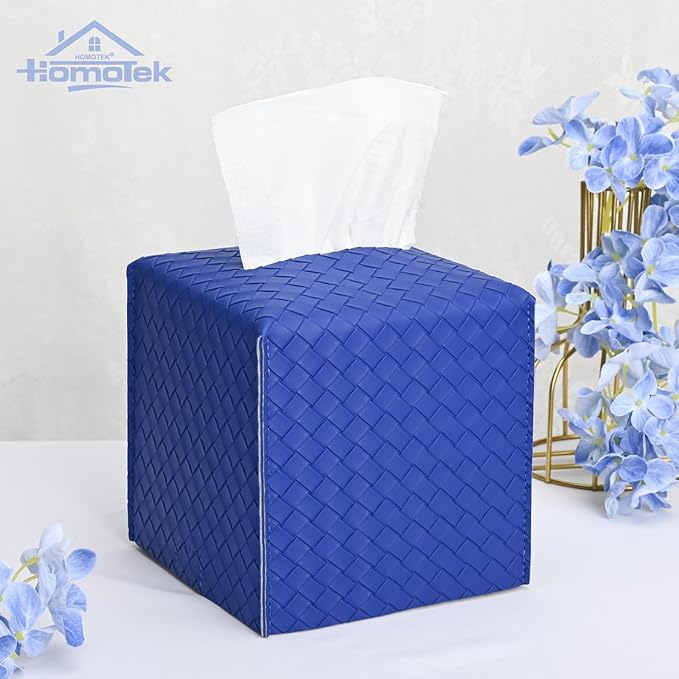 HOMOTEK 2 Pack Tissue Box Cover, Square PU Leather Tissue Holder, Decorative Facial Tissue Cube Paper Organizer Dispenser for Bathroom, Night Stands, Desk, Car 5X5X5'' - Woven Waffle,Blue