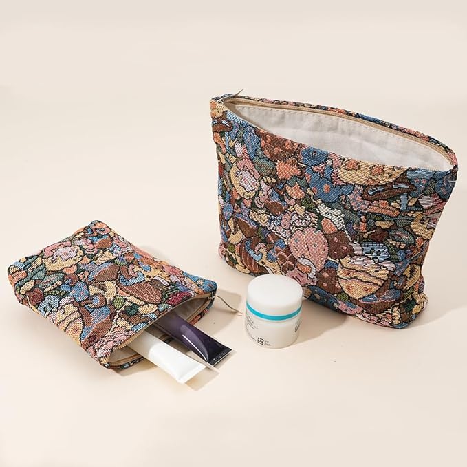2 PCS Makeup Bag Small Cute Cosmetic Bags for Women，Floral Travel Toiletry Bag for Purse, Large Canvas Cosmetic Pouch Makeup Organizer Tool Pouch with Zipper（MushRoom Girl）