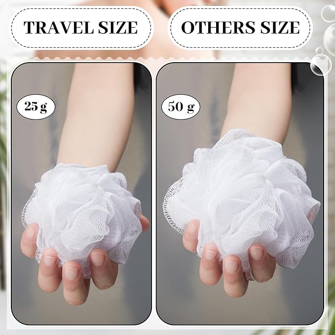 12 Pcs Travel Size Loofah Individually Wrapped, Small Shower Puff Bath Sponge Pouf Ball Bulk Mesh Bath Puff Mini Loofah Sponge with Case Bulk for Shower Care (50g,White)