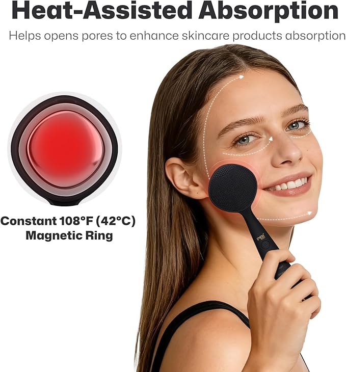 PRITECH Facial Cleansing Brush, Rechargeable Silicone Face Scrubber with Constant-Temperature Heating, Vibrating Exfoliator Scrubber for Deep Pore Cleaning, Waterproof Face Brush for Women & Men-Black
