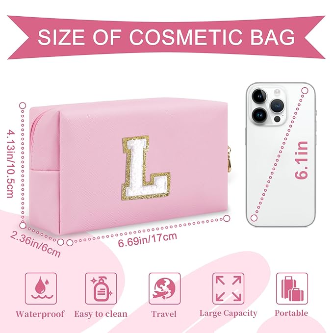 Personalized Initial A-Z Preppy Patch Makeup Bag,Small PU Chenille Letter Cosmetic Bag with Zipper for Teen Girls,Pink Cute Toiletry Organizer Bag,Monogram Makeup Case Gift for Women Girls,Letter L