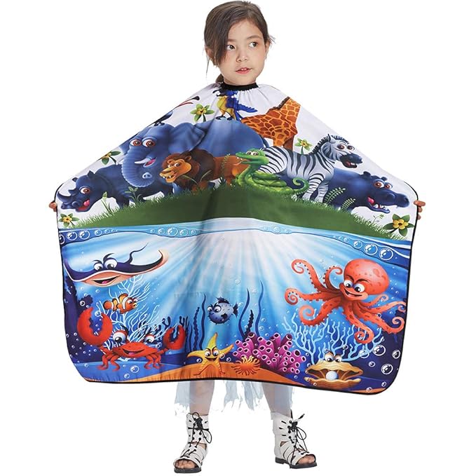 DOKKIA KIDS Barber Cape Haircut Hair Cutting Children Toddler Boys Girls Hairdressing Salon Styling Cloth Apron Cover Gown (CARTOON SEA WORLD/40×50")