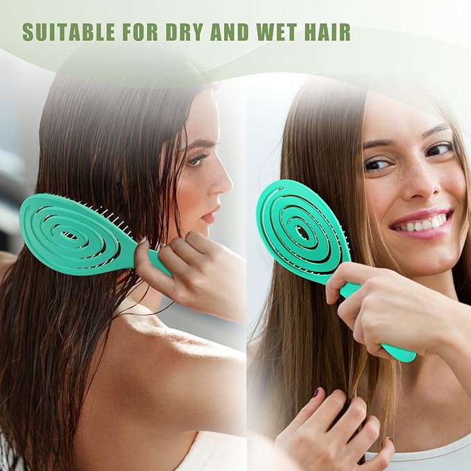 Hair Brush, Detangle Anti Tangle Brush, Spiral Hairbrush for Wet & Dry Hair, Women, Men, Kids, Glide Through Tangles For All Hair Types, Green