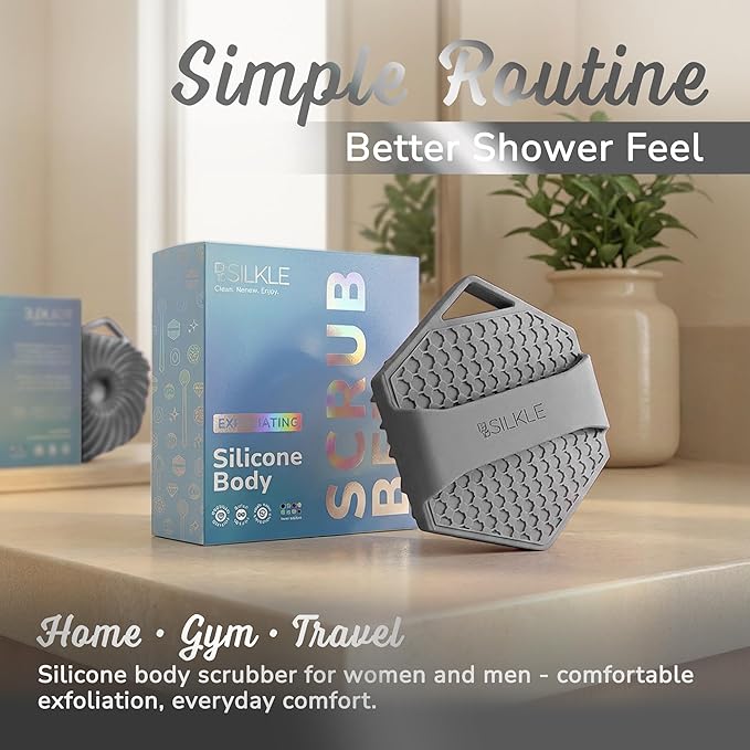 Silicone Body Scrubber – Gentle Exfoliating Shower Scrubber for Body & Bath, Silicone Shower Brush & Loofah Alternative – Non-Slip Silicone Body Brush, Quick Dry, Hygienic - Gray