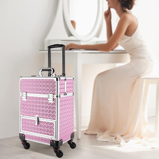 3in1 Rolling Makeup Train Case,Aluminum Trolley Case with 360° Rotation Wheels for Professional Salon Barber Traveling Cart Trunk Cosmetic Beauty Storage (Pink 18.5in)