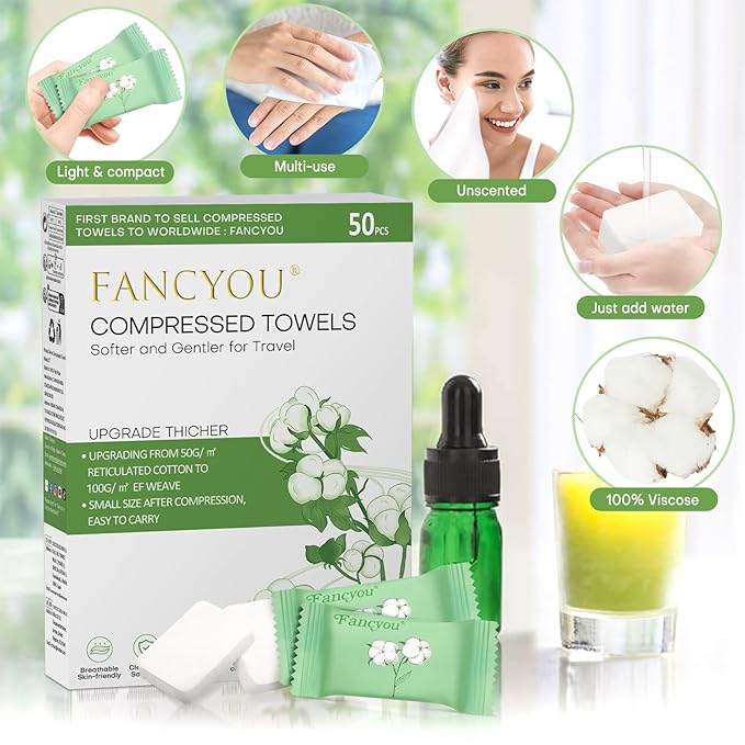 Disposable Face Towel Thicken 50 Pack Compressed Towel Tablets Reusable, Mini Disposable Facial Washcloths Compact Individually Wrapped Clean Towels for Travel Camping Beauty Home Gym (Green)
