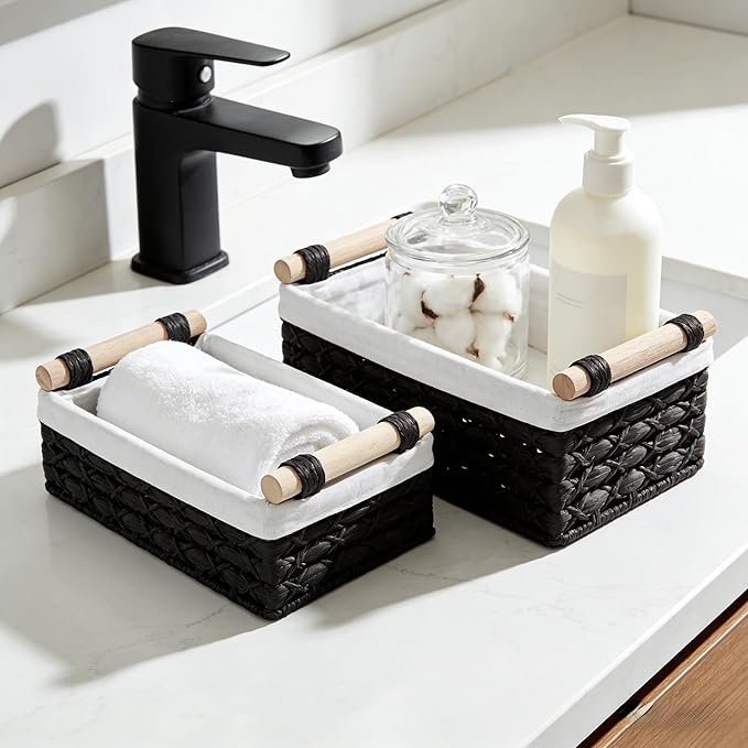 Baskets for Organizing, Set of 2 Black Paper Rope Bathroom Countertop Baskets with Liner, Woven Basket Organizer with Wooden Handles for Vanity, Counter, Shelf Storage