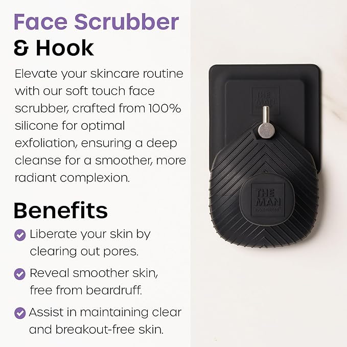 The Man Face Scrubber & Hook - Silicone Face Scrubber for Men, Gentle Exfoliating Face Massager, Flex Face Brush for Men, Removes Dead & Dry Skin, Facial Cleansing Brush with Hook