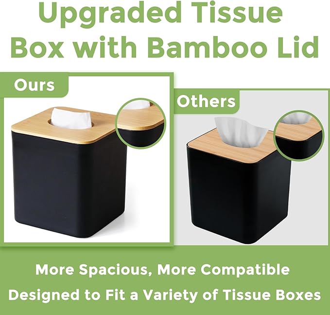 2 Pack Tissue Box Cover Square, Black Tissue Box Holder with Bamboo Cover Plate, Cube Decorative Tissue Box Cover Tissue Holders for Bathrooms
