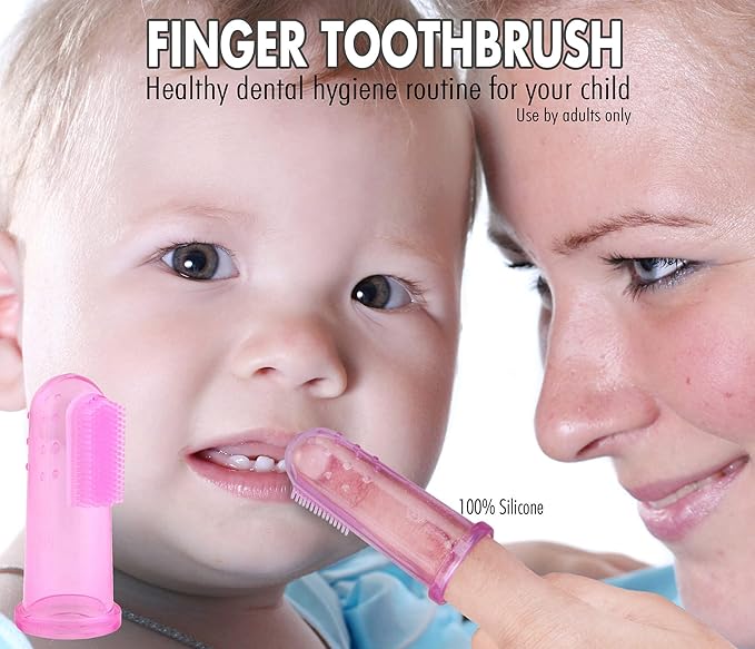 Brilliant Baby Finger Toothbrush - Silicone Teether Brush and Gum Massager for Babies and Toddlers, 3 Months Old and Up, Gum and Tooth Cleaning Essentials for Baby/Toddler, Pink/Clear, 2 Brush Set