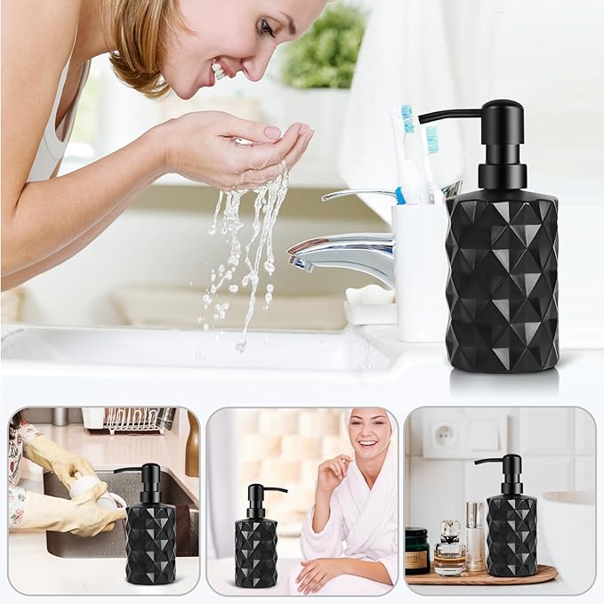Glass Soap Dispenser with Plastic Pump, 330ml/11oz. Liquid Hand Soap Dispenser for Bathroom and Kitchen, Hand-Pump Dispenser for Dishwashing Liquid, Lotion, Soap, Essential Oil (Matte Black)