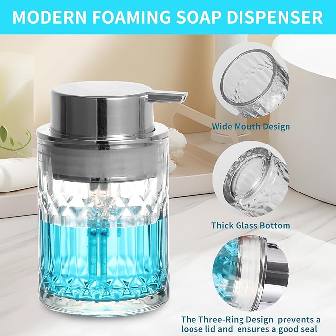 Foaming Soap Dispenser,2 Pack Clear Glass Foam Hand Soap Dispenser for Bathroom, Refillable 8 Fl Oz Foamy Pump Bottle with Large Sliver Pump,Vintage Dish Soap Foam Dispenser