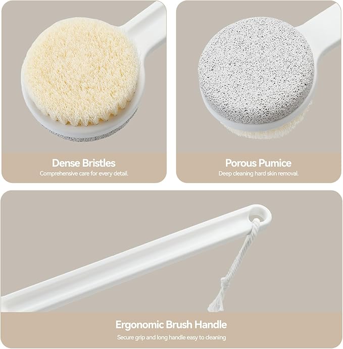 Foot Pumice Stone for Feet, 2 in 1 Foot Pumice Scrubber for Wet or Dry Brushing, Dead Skin Remover, Long Handle Foot Cleaning Brush for Senior, Pregnant, Disabled, or Injured, Box Packed(White)