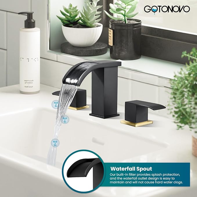 gotonovo Waterfall 8 inch Widespread Bathroom Faucet Set Bathroom Sink Faucet 3 Hole 2 Handle Vanity Lavatory Deck Mount with Pop Up Drain and Water Supply Lines Square Body Matte Black & Brushed Gold