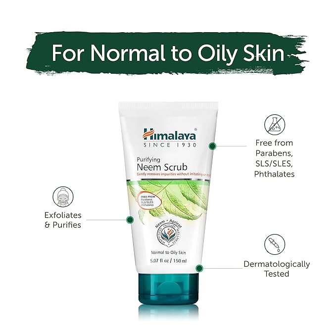 Himalaya Purifying Neem Scrub with Neem and Apricot, For Normal to Oily Skin, Free from Parabens, SLS, and Phthalates, Dermatologically Tested, 150 ml (5.07 oz)