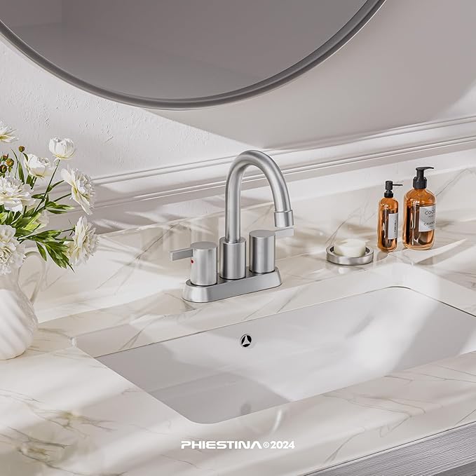 Phiestina Brushed Nickel 4 Inch 2 Handle Centerset Lead-Free Bathroom Sink Faucet 2 Pack, with Copper Pop Up Drain and Water Supply Lines,BF15-1-BN-2PACK