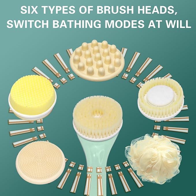 Electric Body Brush, Electric Body Scrubber, Long Handle Body wash applicator, Silicone Back Brush, 6 Shower Brush Heads ，for Cleaning, Massage and Exfoliation (Light Green)
