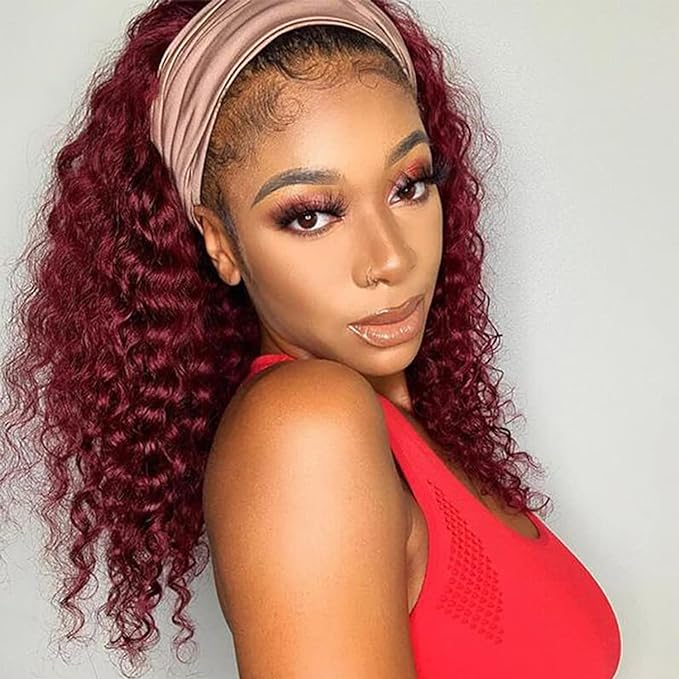 Aiterina Headband Wig deep wave human hair wigs for Black Women Brazilian Remy Hair Glueless Non Lace Front Wig 150% Density (14 inch, 102J)