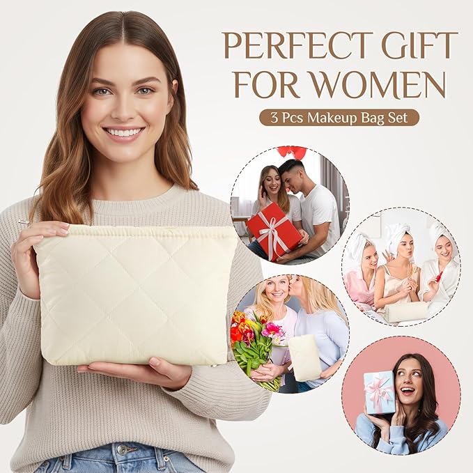 Paterr 3 Pcs Quilted Makeup Bag Set Small Bridesmaid Cosmetic Bag Aesthetic Travel Toiletry Pouch Cute Purse Pencil Case Makeup Storage Organizer for Women Birthday Gifts(Cotton,Beige)