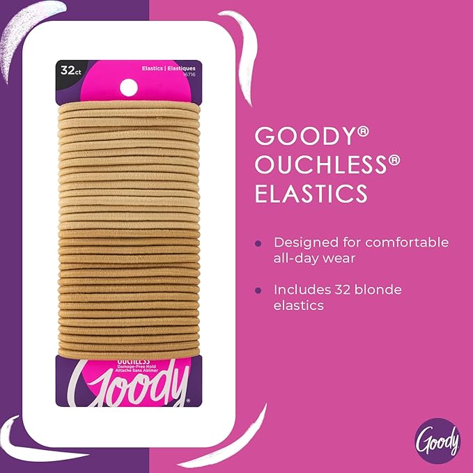 Goody Ouchless Elastic Hair Tie - 32 Count, Blonde - 4MM for Medium Hair - Slideproof Pain-Free Hair Accessories for Men, Women, Boys, and Girls - Perfect for Long Lasting Braids, Ponytails, and More