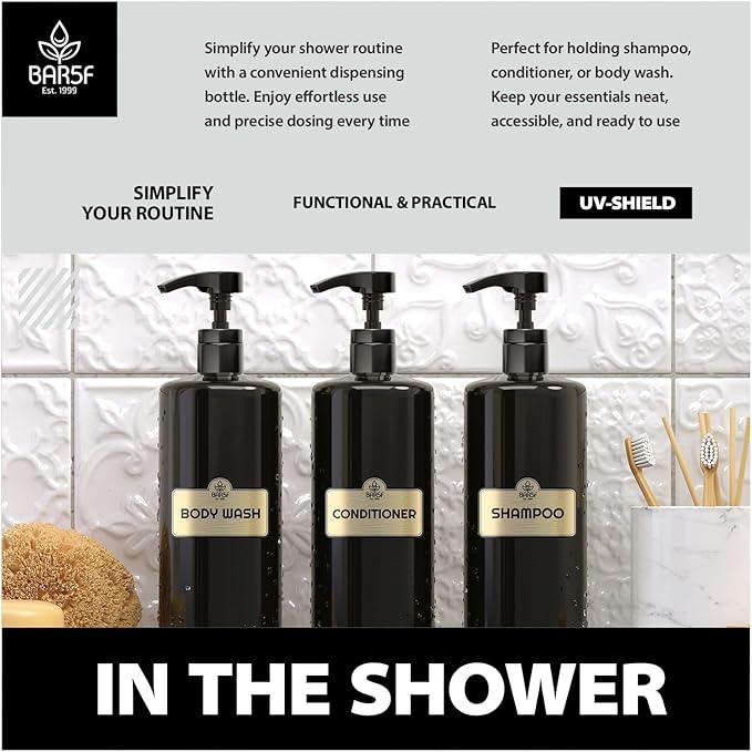 Bar5F 1-Liter BPA-Free Black Pump Bottles – Refillable PET Plastic Dispensers for Shampoo, Conditioner & Body Wash with UV Shield Gloss Finish, Heavy-Duty 3-Pack