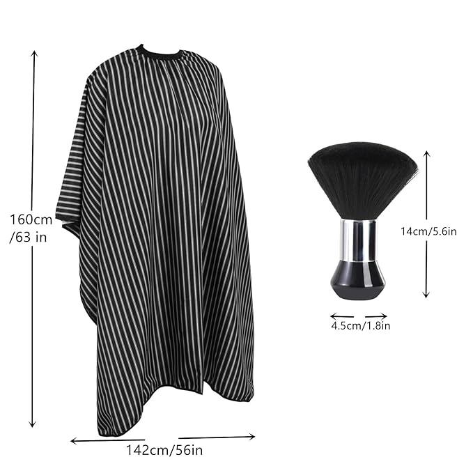 Professional Hair Cutting Cape with Neck Duster Brush, Large Size Salon Hairdresser Cape for Men, Women and Kids(Black With White Stripes)