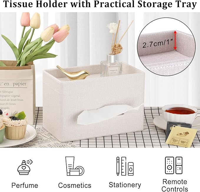 Sumnacon Tissue Box Cover with Storage Tray, Decorative Rectangular Tissue Holder Linen Facial Tissues Organizer Stylish Modern Tissue Dispenser for Bathroom Toilet Tank Vanity Dresser Table