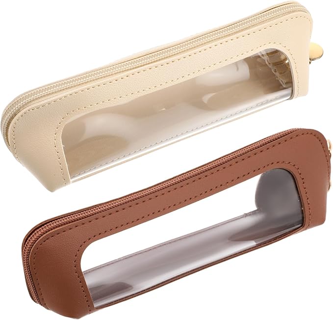 2Pcs Clear Makeup Brush Bag, Leather Slim Makeup Case, Portable Transparent Waterproof Cosmetic Pouch with Zipper, Double Sided Clear Bag for Women Travel Storage (White, Brown)
