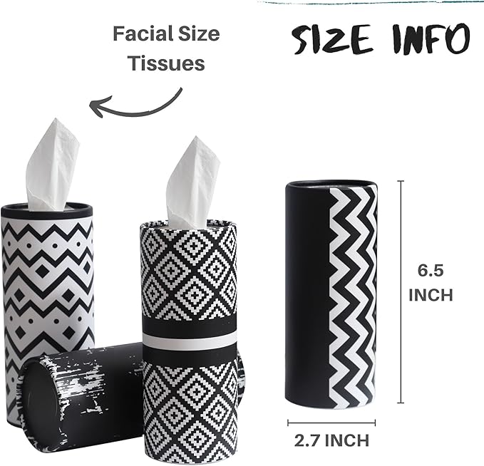 Winoo Design Small Car Tissues Holder - 4PK Modern Black Plastic & Resin Facial Tissues Cylinder - Fits Most Car Cup Holders - Travel Tissue Tubes Box Container