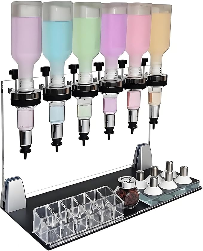 Professional Manual Perfume Dispenser, Liquid Filling Machine Transfer Tools,Manual Dispenser Set, Adjustable Pump Heads & Testing Cups for Shops & Lab & Bars(6 Heads)